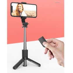 Mini Easy to Carry 3 in 1 Aluminum Wireless Bluetooth Extendable Selfie Stick with Tripod Stand (Black)